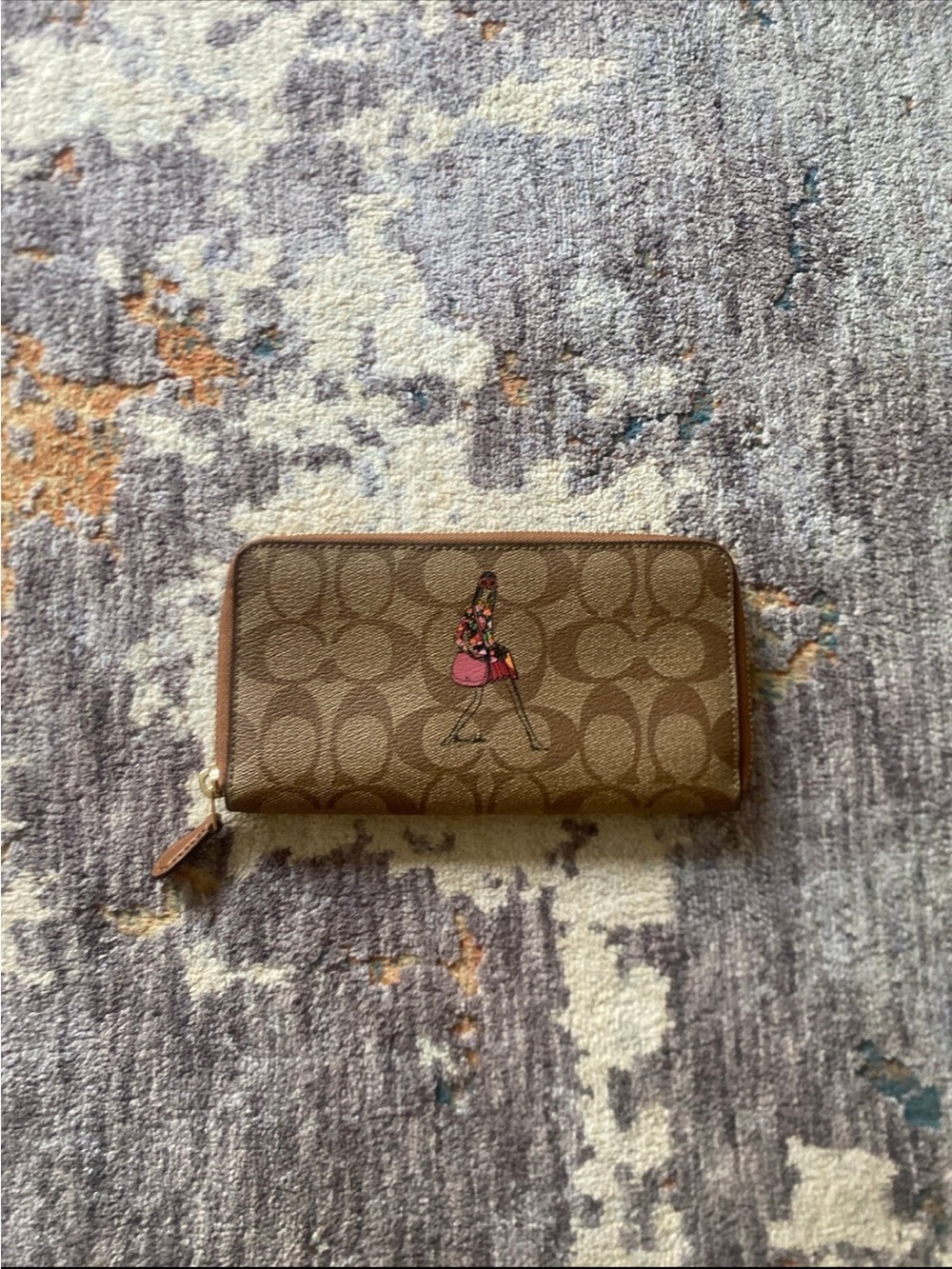 Coach Brown Signature Zip Wallet with Pink Graphic Accent